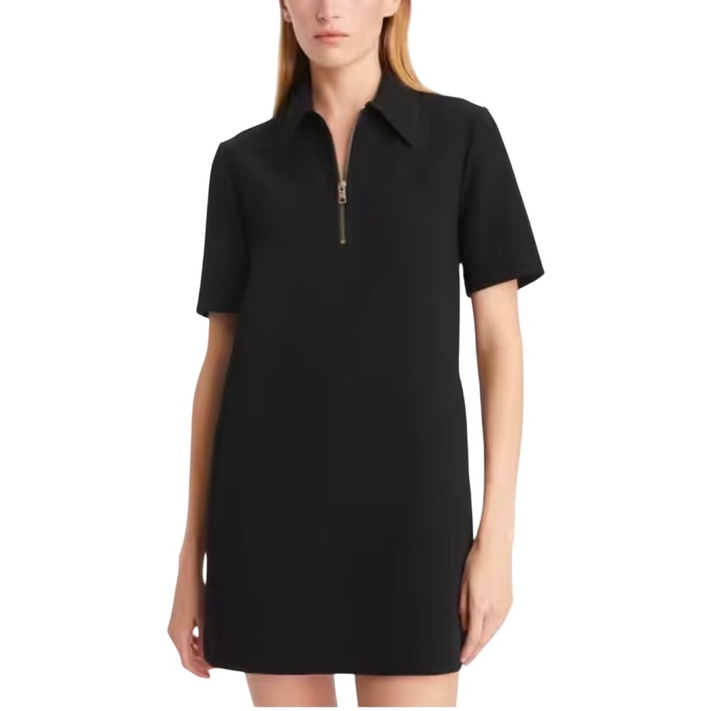 TORY BURCH Crepe Polo Mini Dress Size 10 Black Gold Zipper Minimalist Designer - Picture 2 of 10